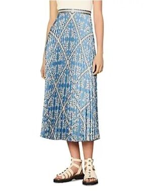 Sandro Blue Floral Mosaic Pleated Midi Skirt